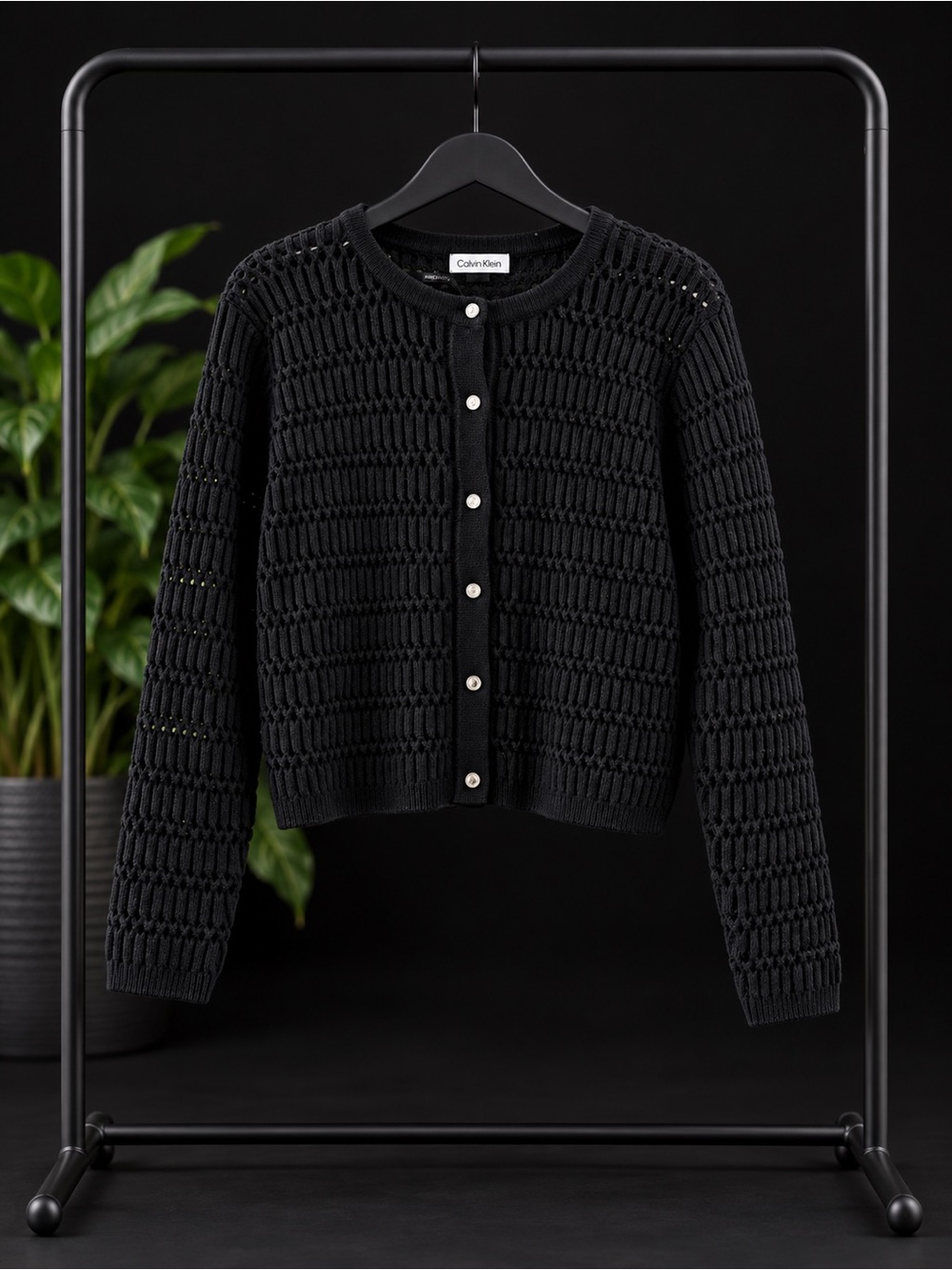 Calvin Klein Black Open Knit Pearl-Button Cardigan